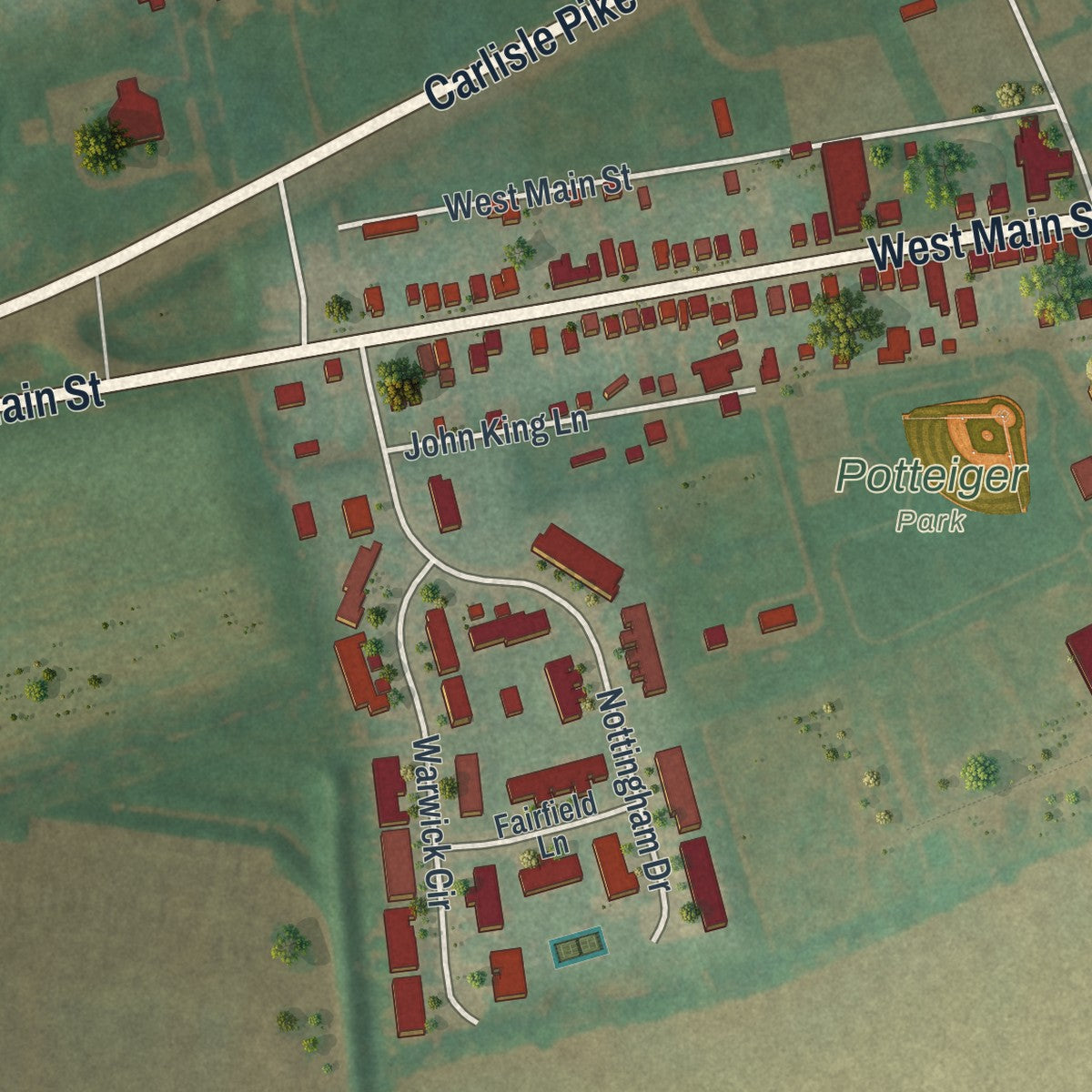 Close-up of the map of New Kingstown, Pennsylvania print showing street and building detail