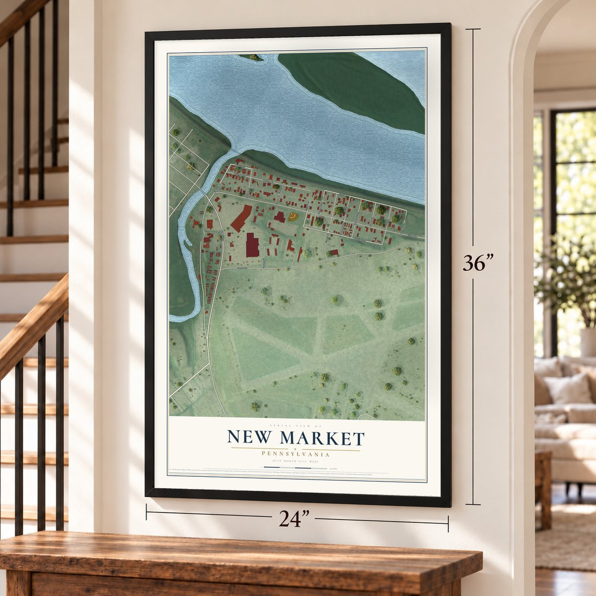 New Market, Pennsylvania map, 24 x 36 inch print in a black frame by a staircase