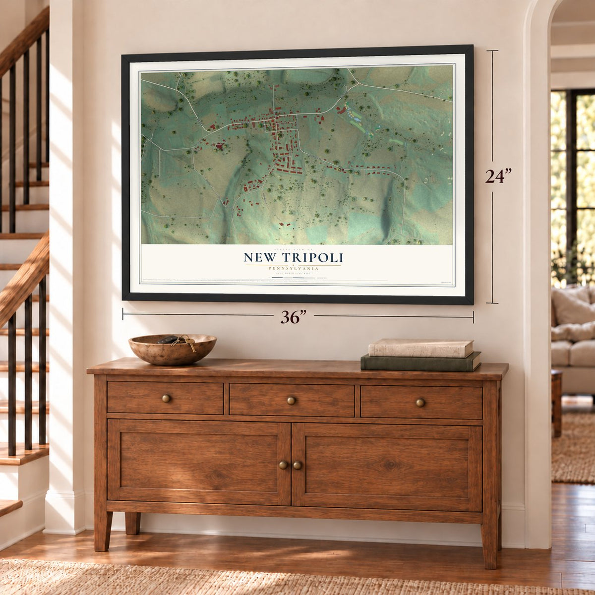 New Tripoli, Pennsylvania map, 24 x 36 inch print in a black frame above a dresser by a staircase