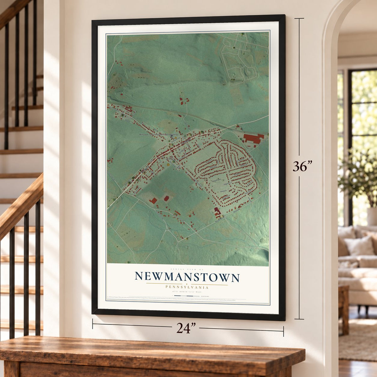 Newmanstown, Pennsylvania map, 24 x 36 inch print in a black frame by a staircase