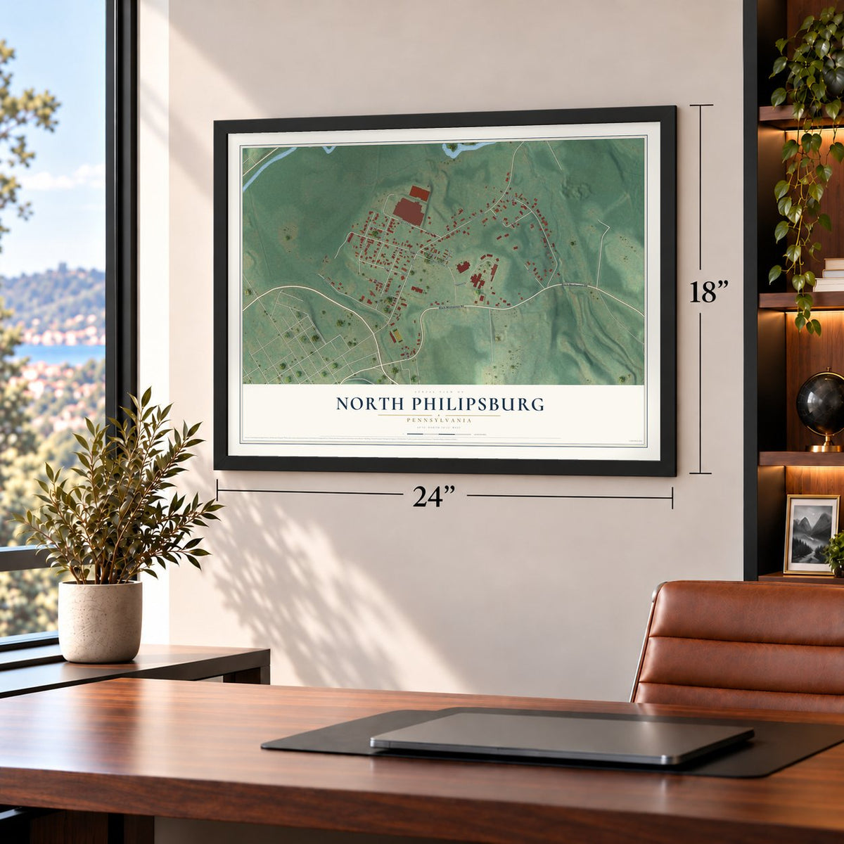 North Philipsburg, Pennsylvania map, 18 x 24 inch print in a black frame in a home office