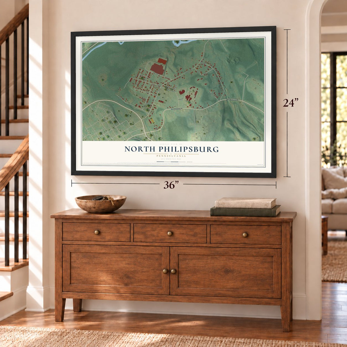 North Philipsburg, Pennsylvania map, 24 x 36 inch print in a black frame above a dresser by a staircase