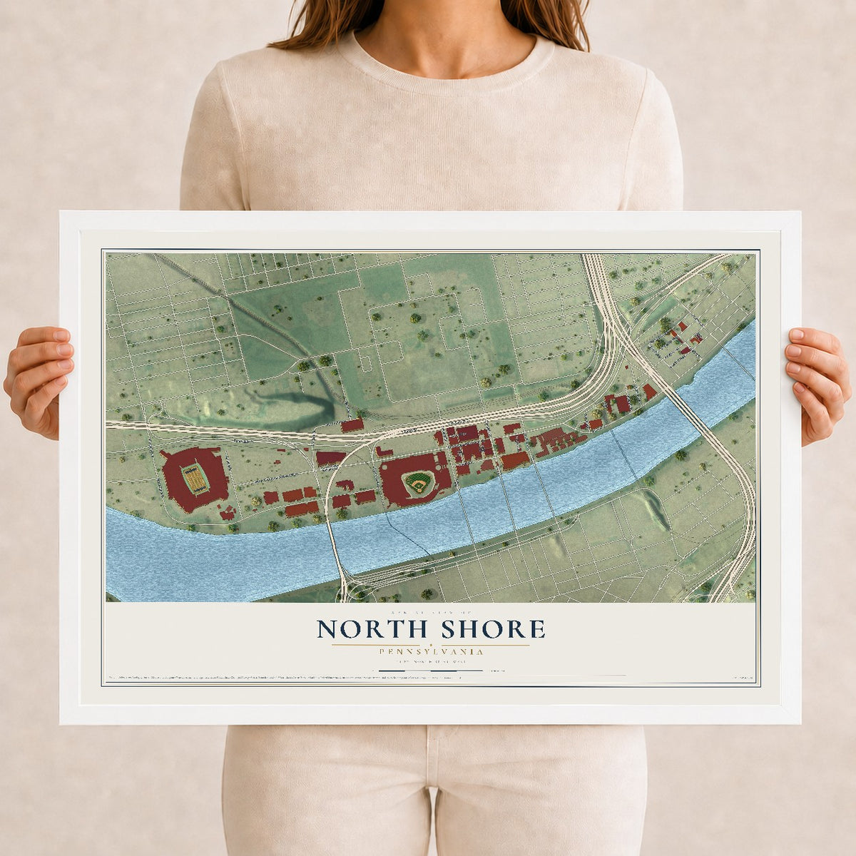 Map of North Shore, Pennsylvania, 12 x 18 inch print in a white wood frame