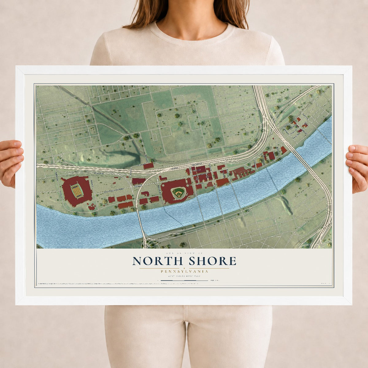 Map of North Shore, Pennsylvania, 18 x 24 inch print in a white wood frame