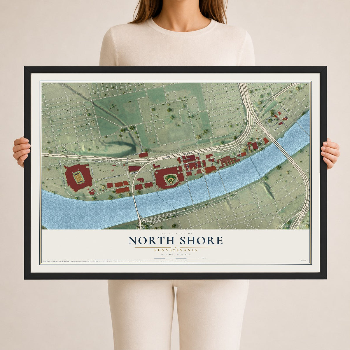 Map of North Shore, Pennsylvania, 24 x 36 inch print in a black wood frame
