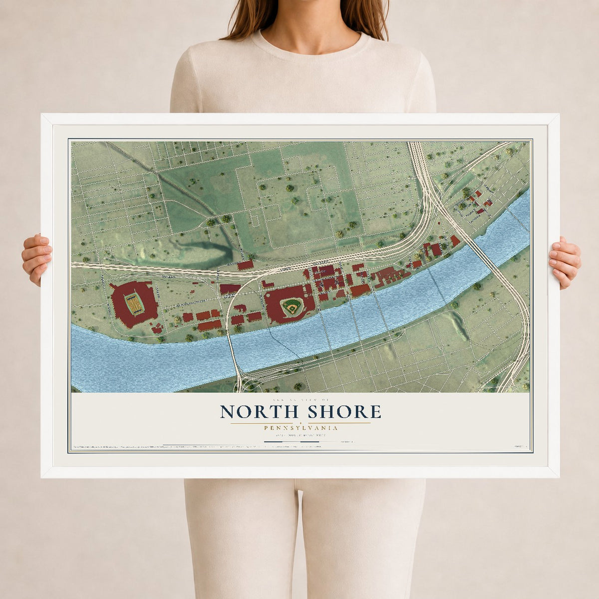 Map of North Shore, Pennsylvania, 24 x 36 inch print in a white wood frame