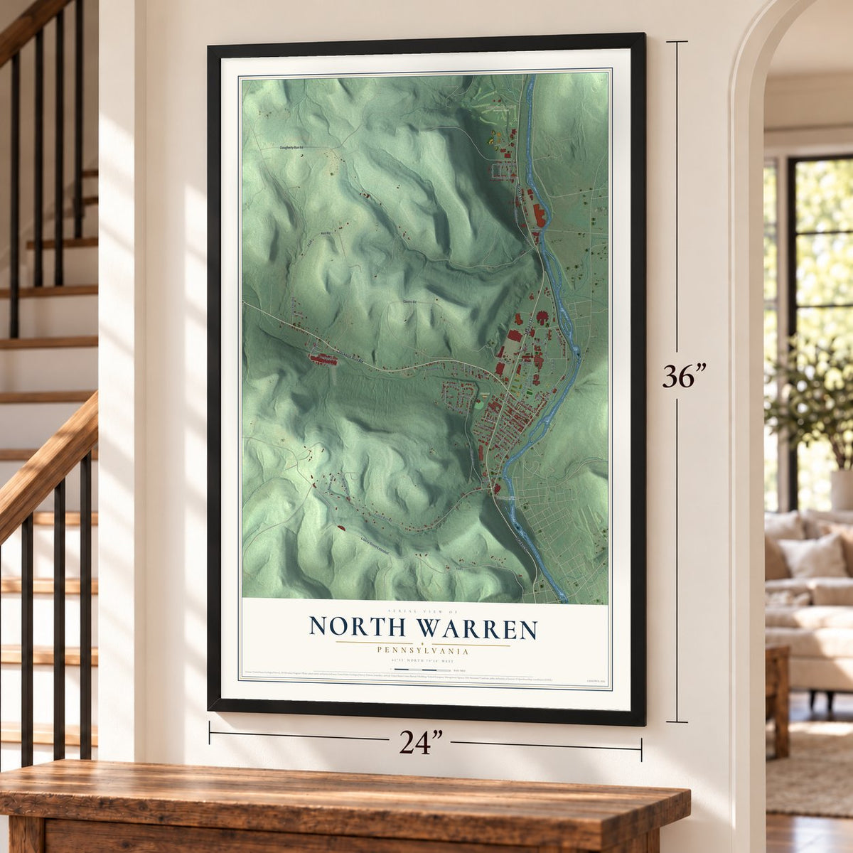 North Warren, Pennsylvania map, 24 x 36 inch print in a black frame by a staircase
