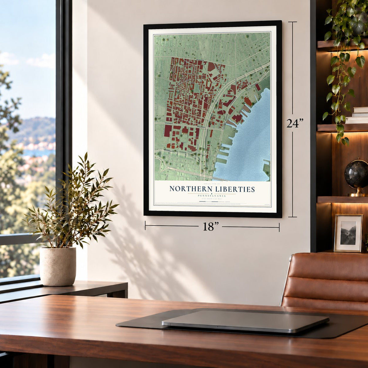 Northern Liberties, Pennsylvania map, 18 x 24 inch print in a black frame in a home office