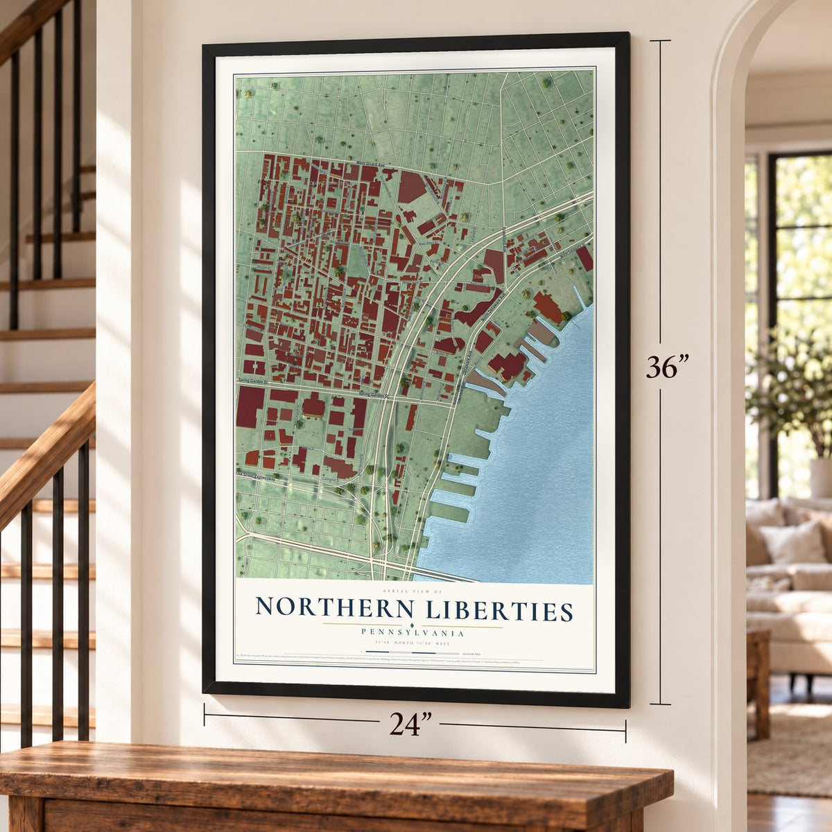 Northern Liberties, Pennsylvania map, 24 x 36 inch print in a black frame by a staircase