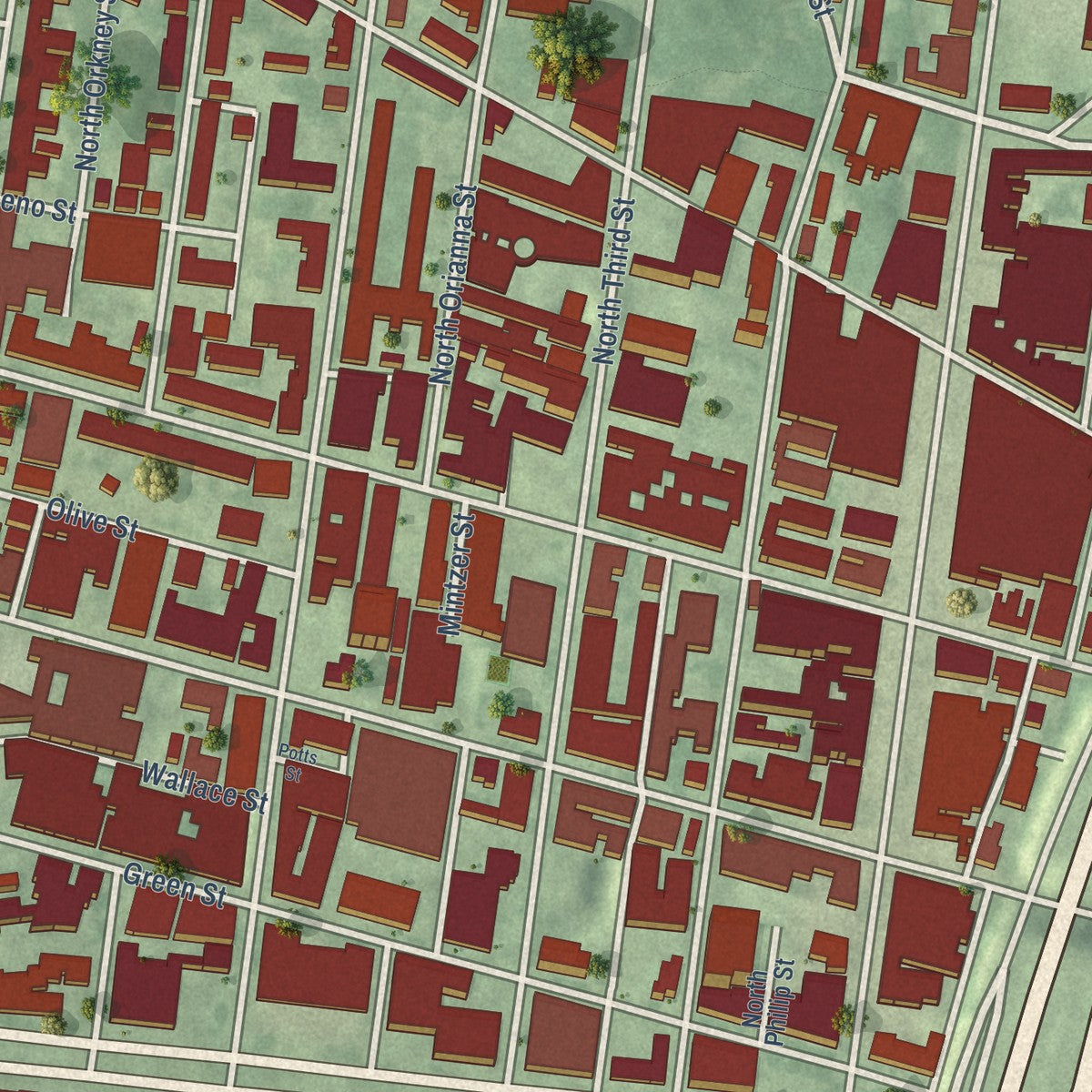 Close-up of the map of Northern Liberties, Pennsylvania print showing street and building detail