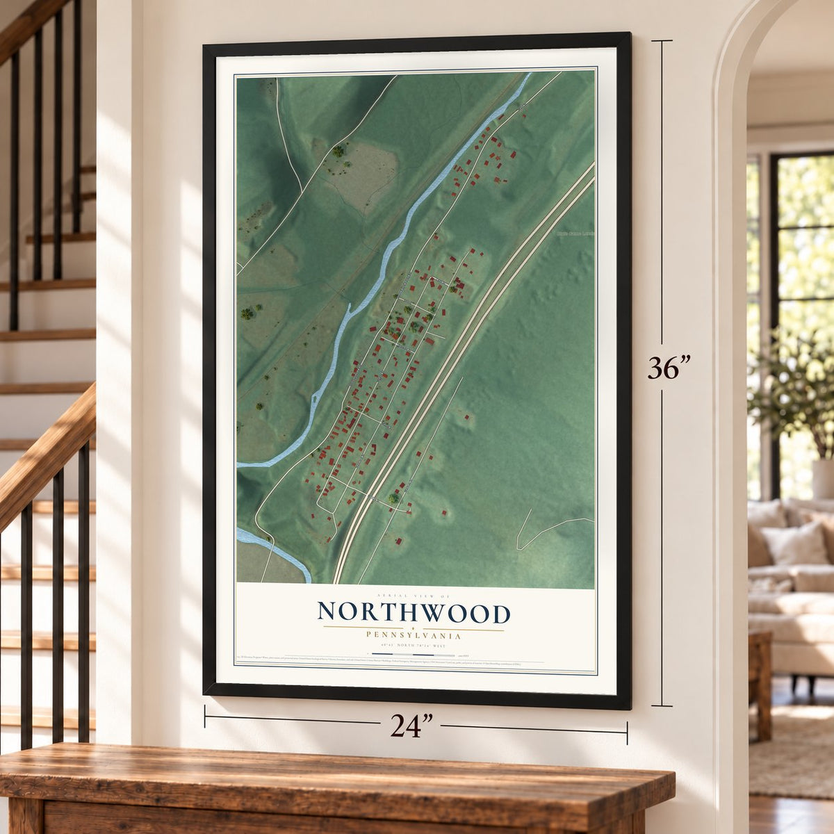 Northwood, Pennsylvania map, 24 x 36 inch print in a black frame by a staircase