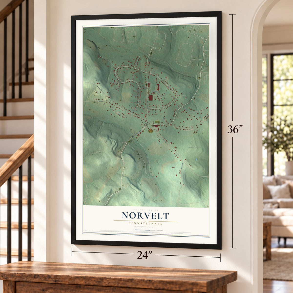 Norvelt, Pennsylvania map, 24 x 36 inch print in a black frame by a staircase