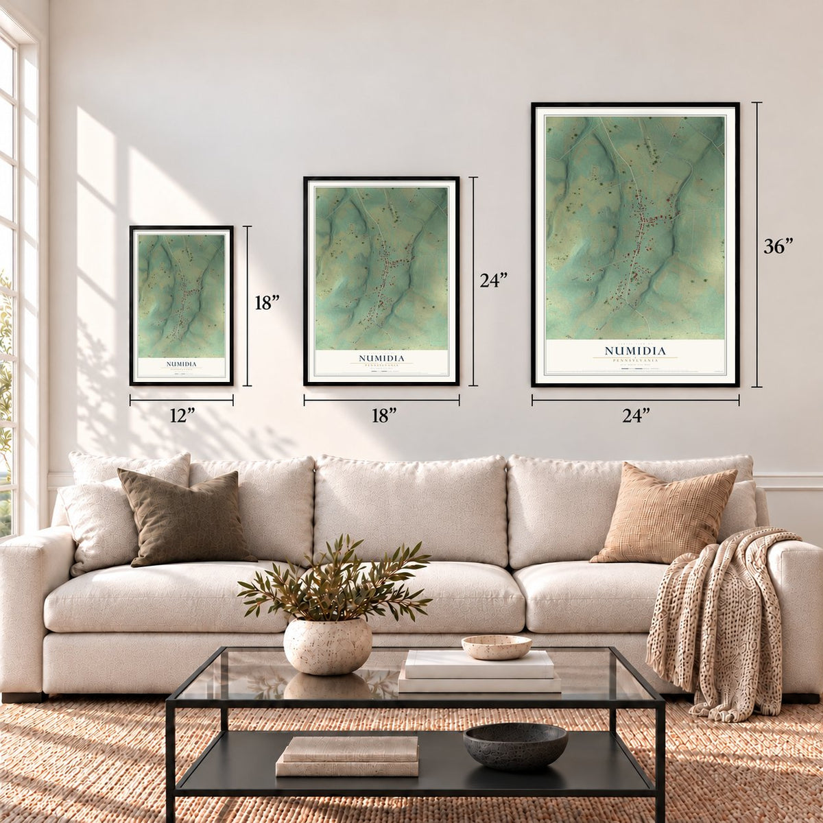Numidia, Pennsylvania map in 12 x 18, 18 x 24 and 24 x 36 inch sizes above a sofa