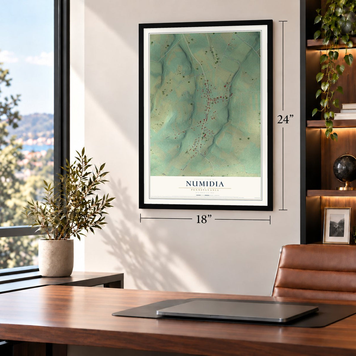 Numidia, Pennsylvania map, 18 x 24 inch print in a black frame in a home office