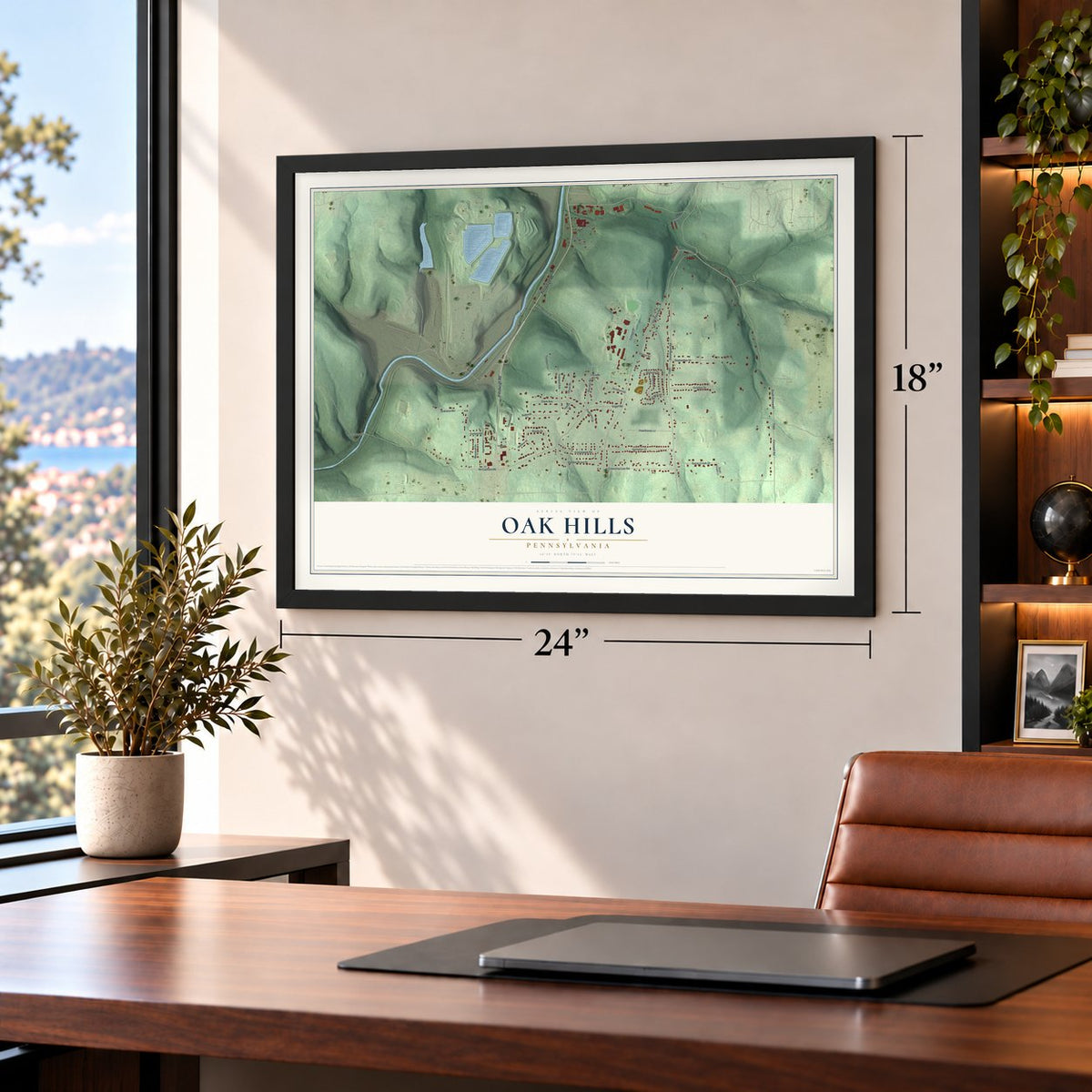 Oak Hills, Pennsylvania map, 18 x 24 inch print in a black frame in a home office
