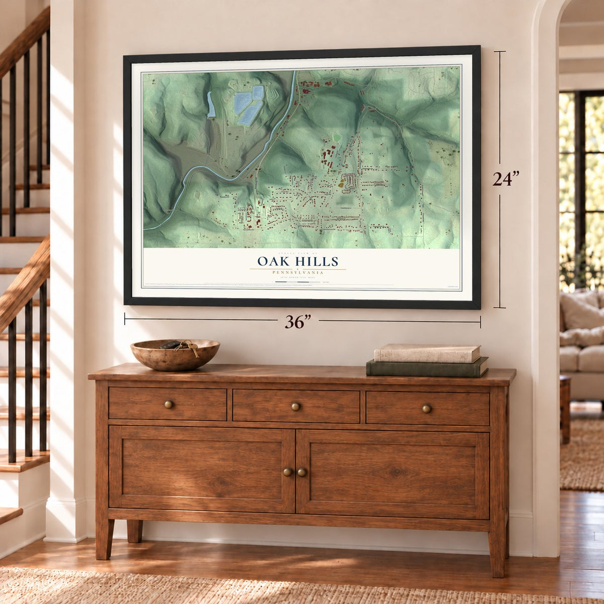 Oak Hills, Pennsylvania map, 24 x 36 inch print in a black frame above a dresser by a staircase