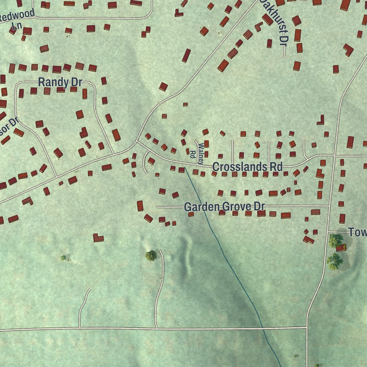 Close-up of the map of Oak Hills, Pennsylvania print showing street and building detail