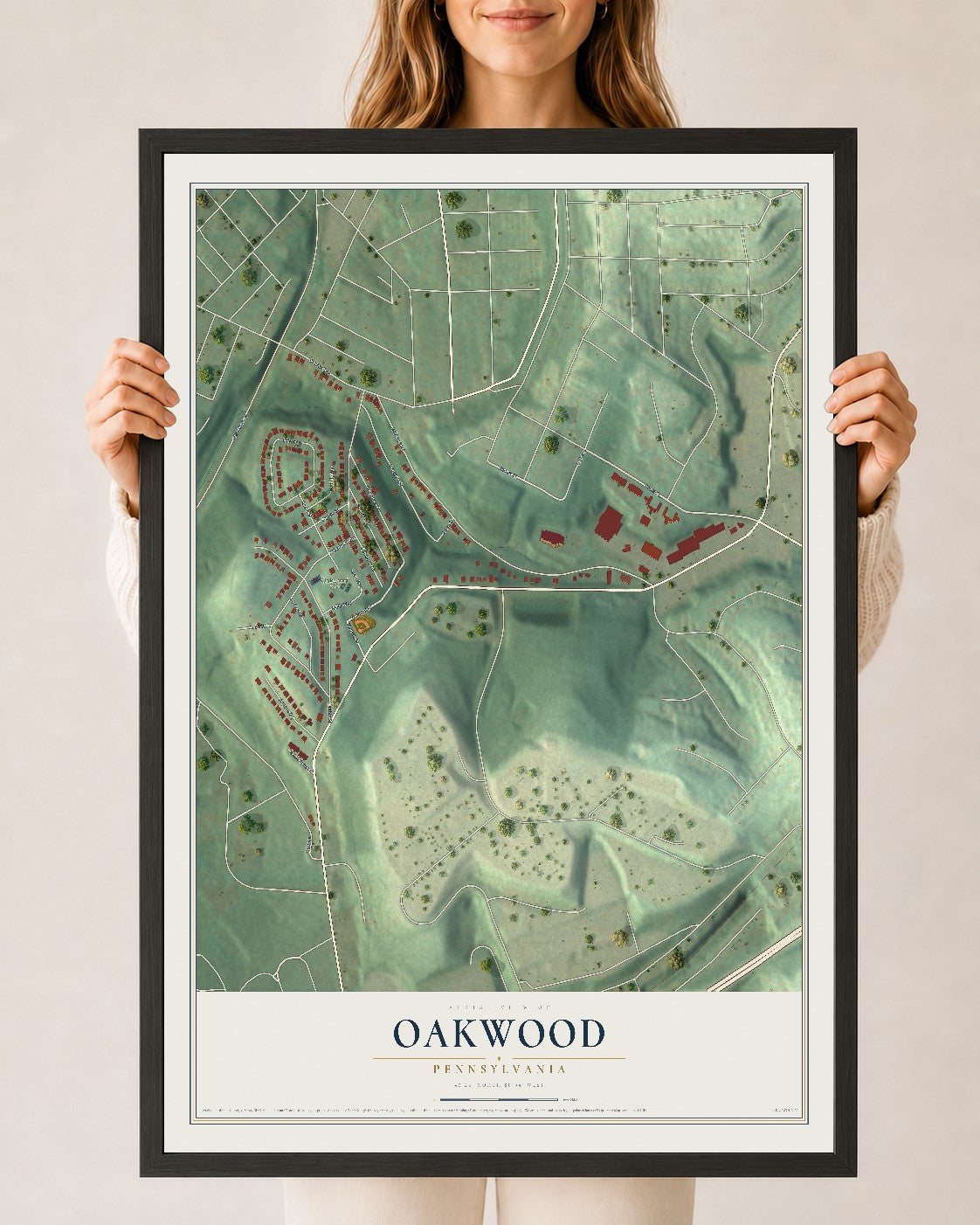 Map of Oakwood, Pennsylvania, 24 x 36 inch print in a black wood frame