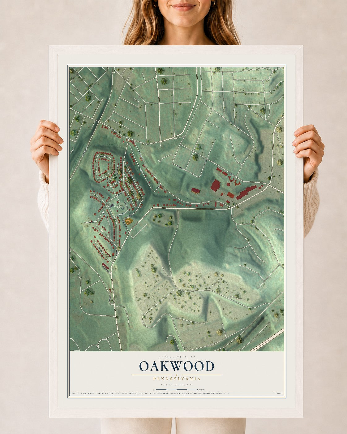 Map of Oakwood, Pennsylvania, 24 x 36 inch print in a white wood frame