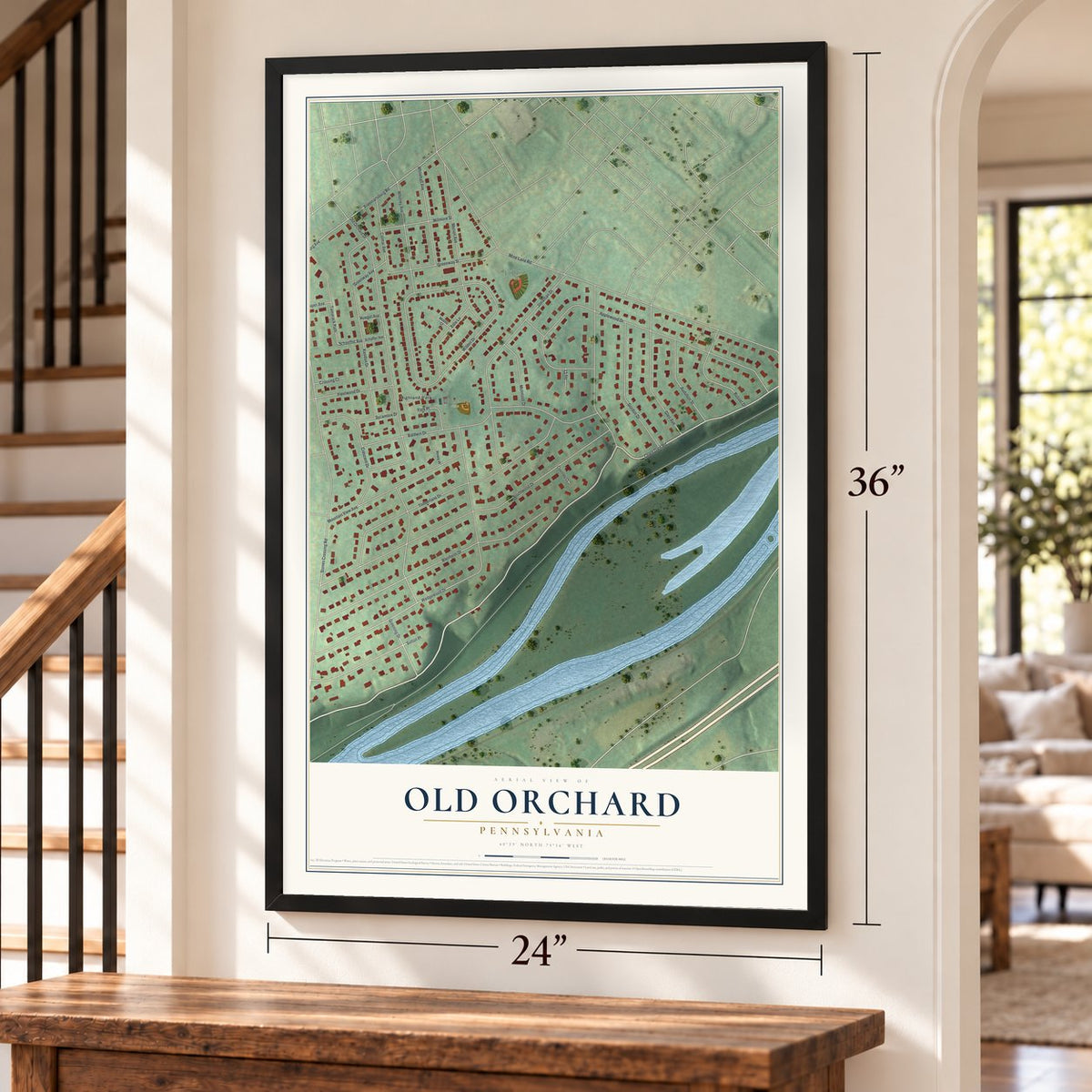 Old Orchard, Pennsylvania map, 24 x 36 inch print in a black frame by a staircase