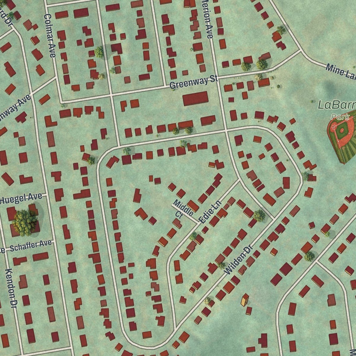 Close-up of the map of Old Orchard, Pennsylvania print showing street and building detail