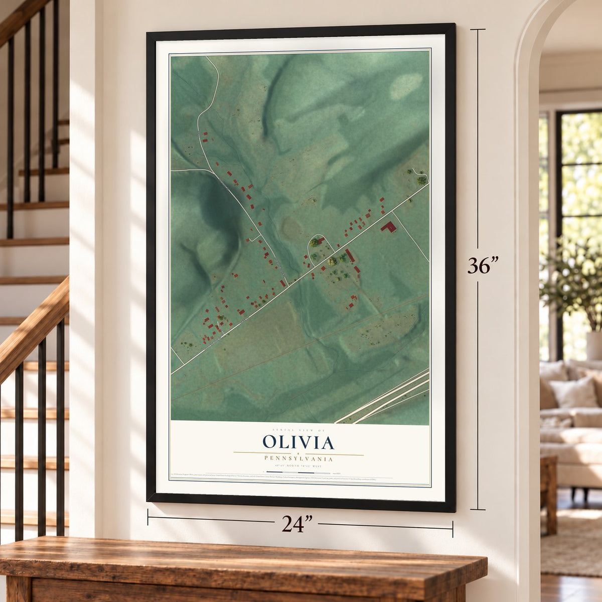 Olivia, Pennsylvania map, 24 x 36 inch print in a black frame by a staircase