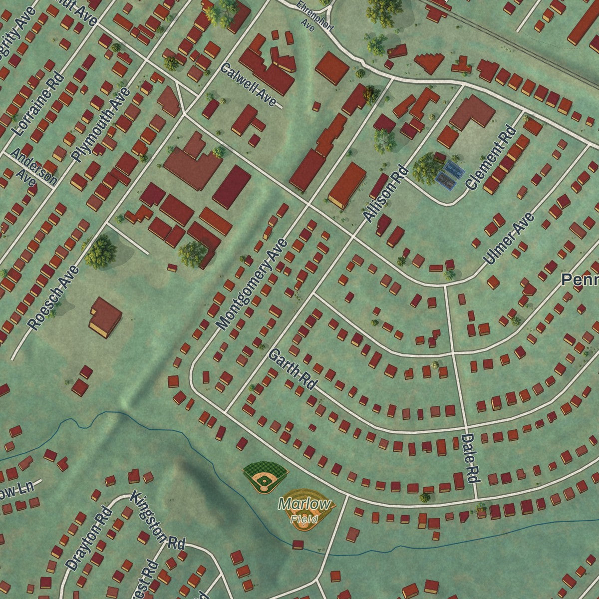 Close-up of the map of Oreland, Pennsylvania print showing street and building detail