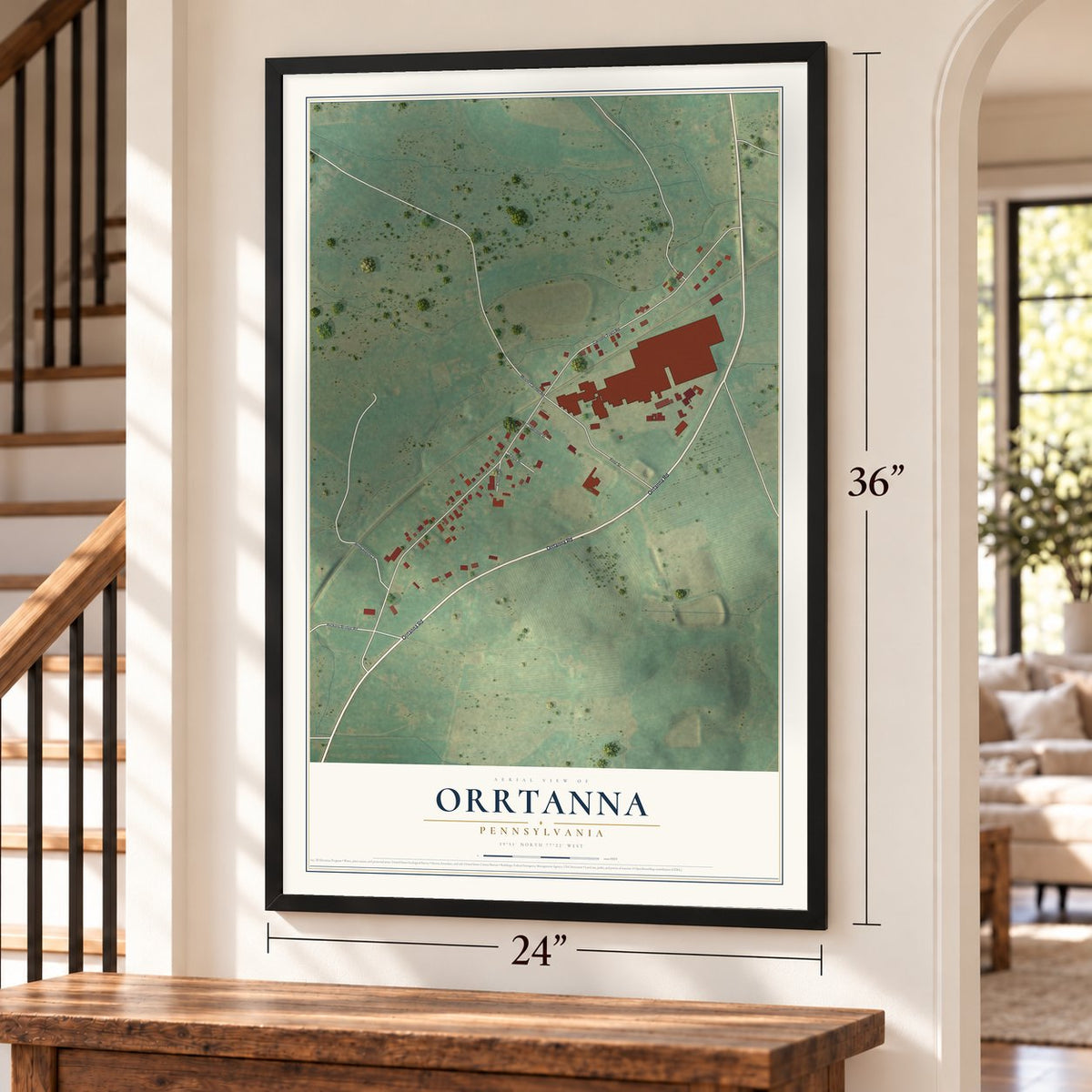 Orrtanna, Pennsylvania map, 24 x 36 inch print in a black frame by a staircase
