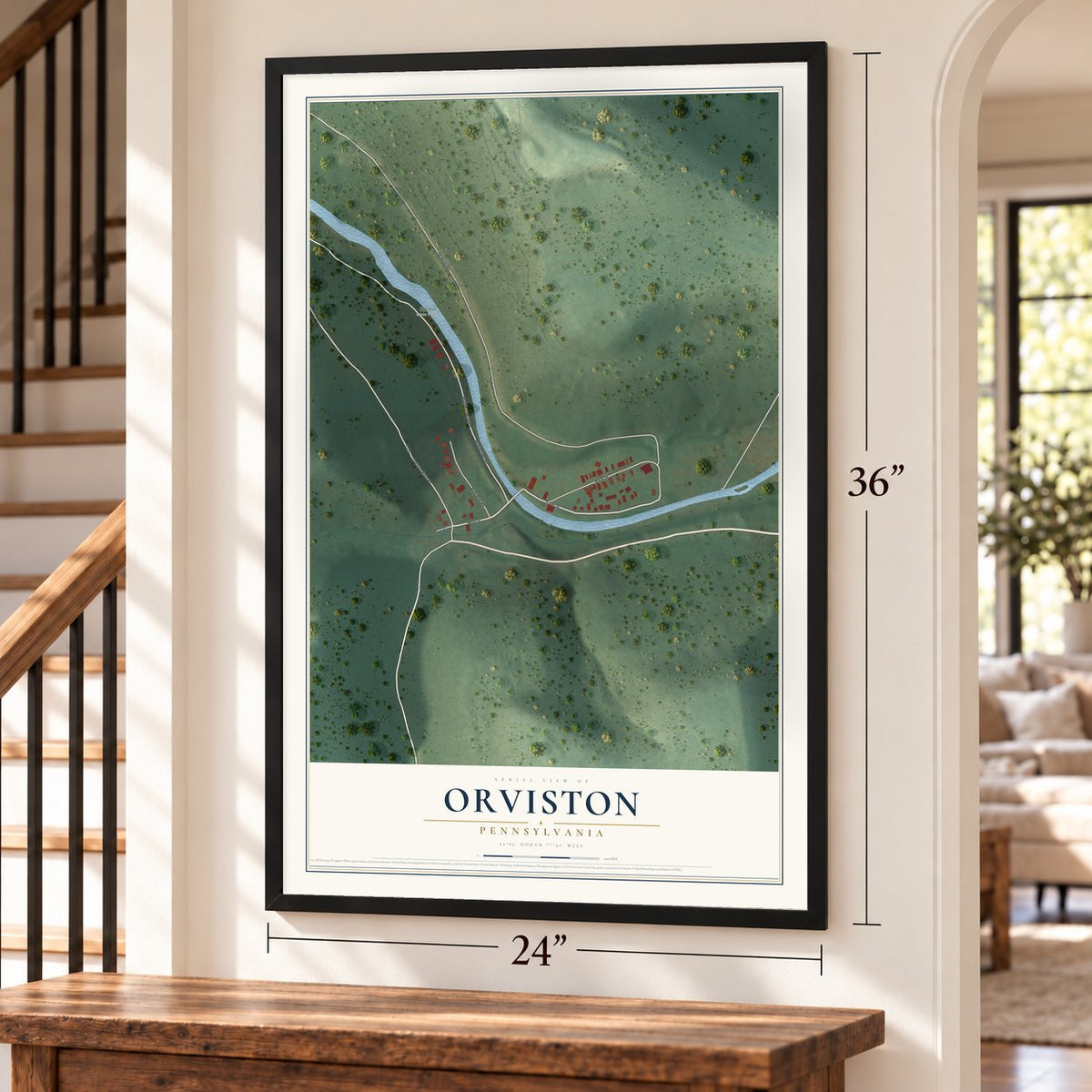 Orviston, Pennsylvania map, 24 x 36 inch print in a black frame by a staircase