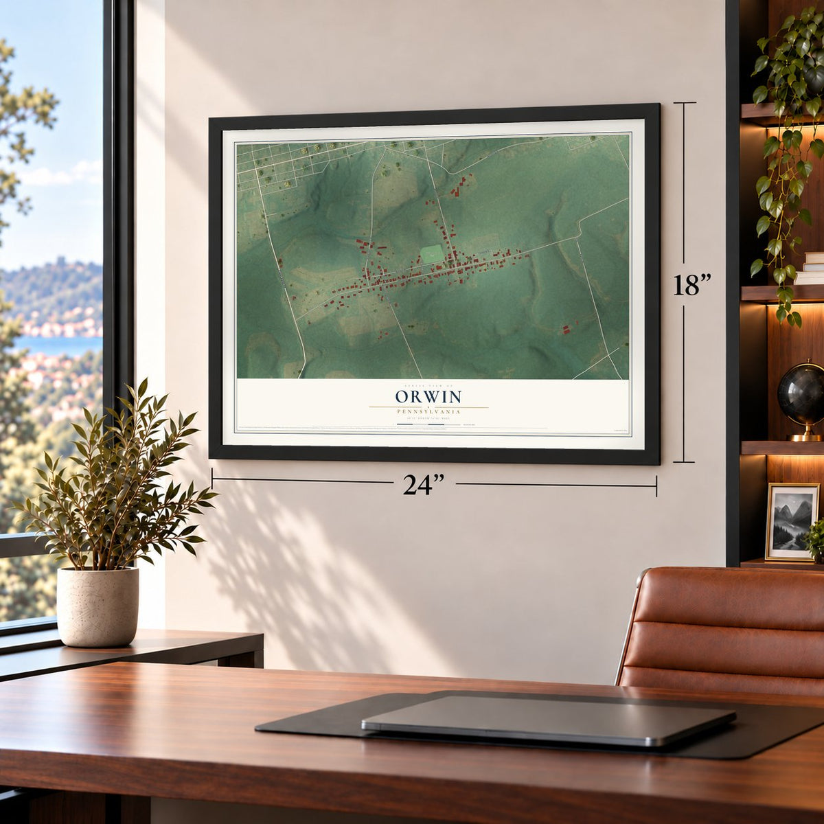 Orwin, Pennsylvania map, 18 x 24 inch print in a black frame in a home office