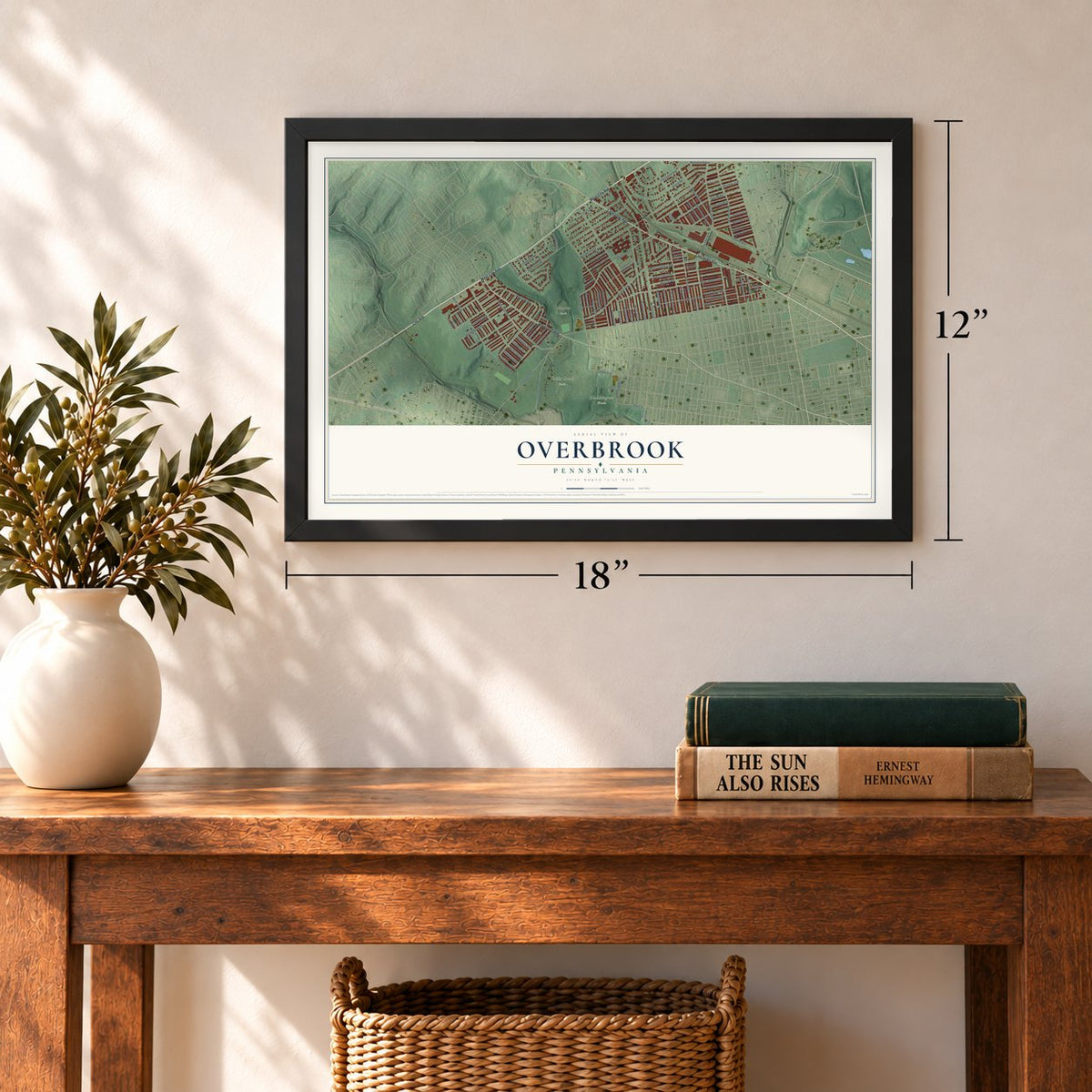 Overbrook, Philadelphia, Pennsylvania map, 12 x 18 inch print in a black frame in an entryway