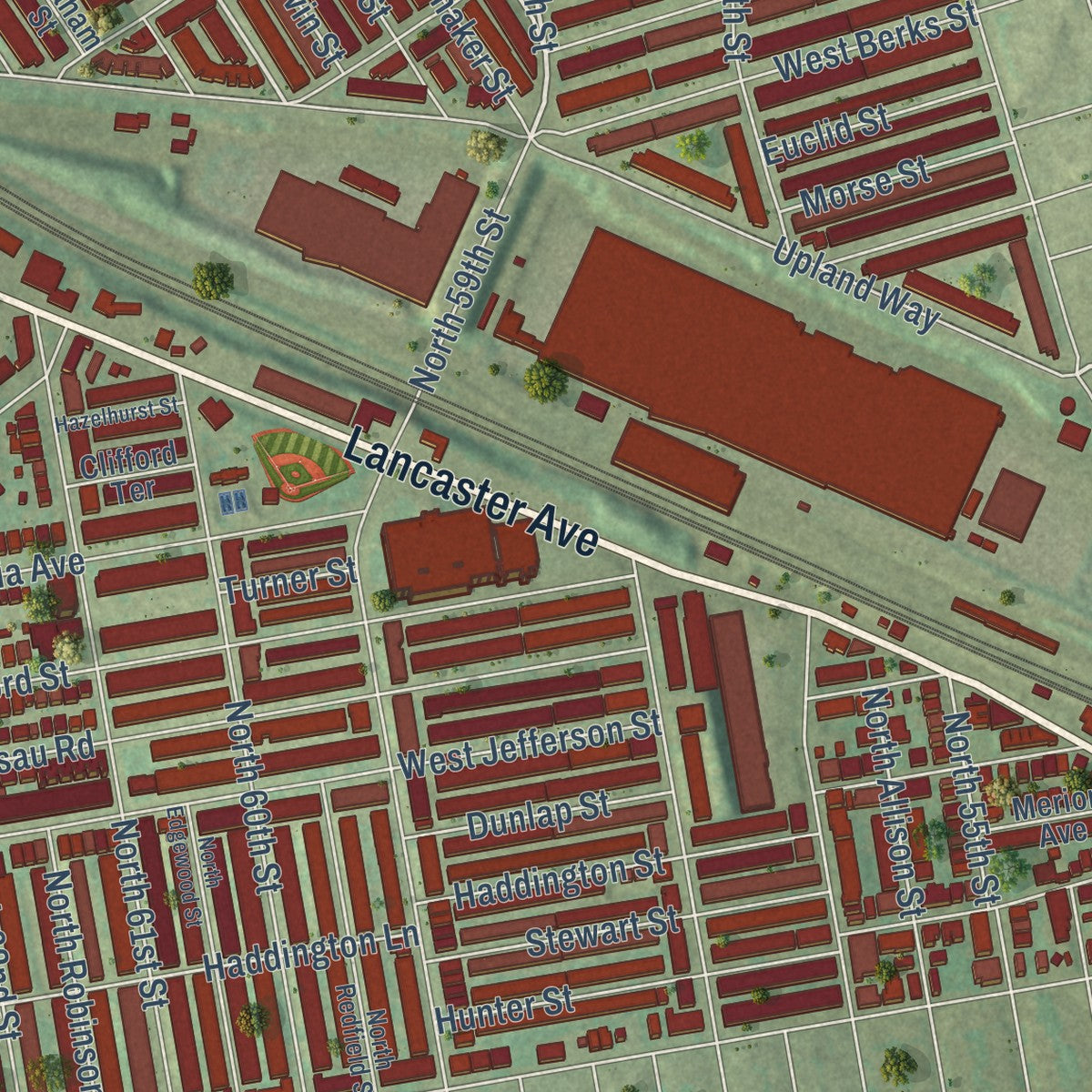 Close-up of the map of Overbrook, Philadelphia, Pennsylvania print showing street and building detail