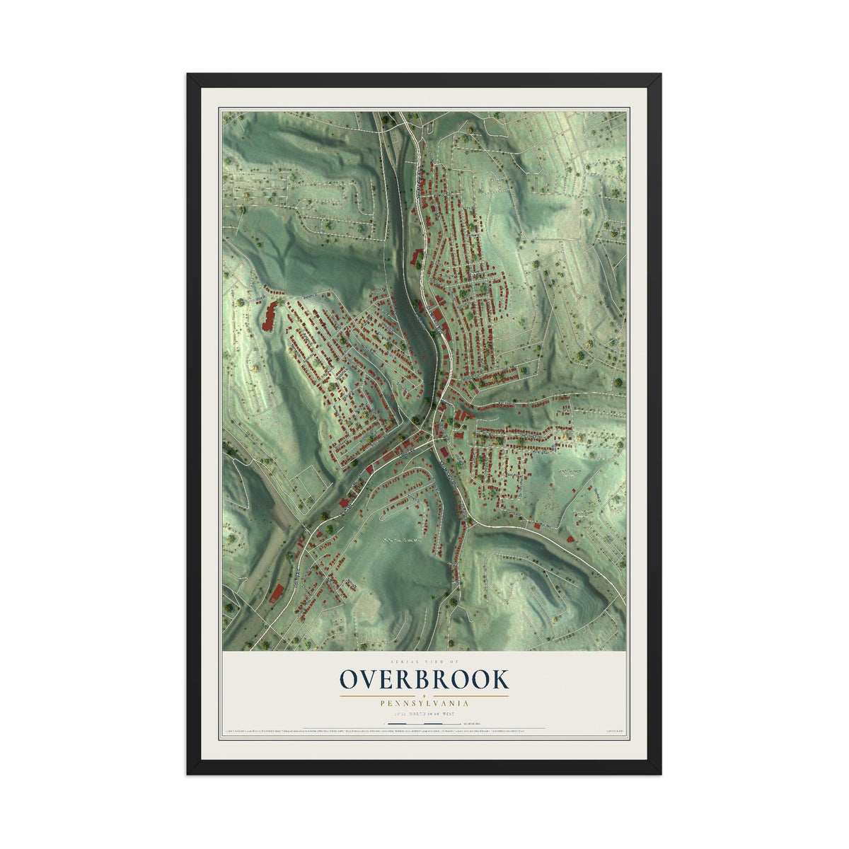 Map of Overbrook, Pennsylvania, 12 x 18 inch print in a black wood frame