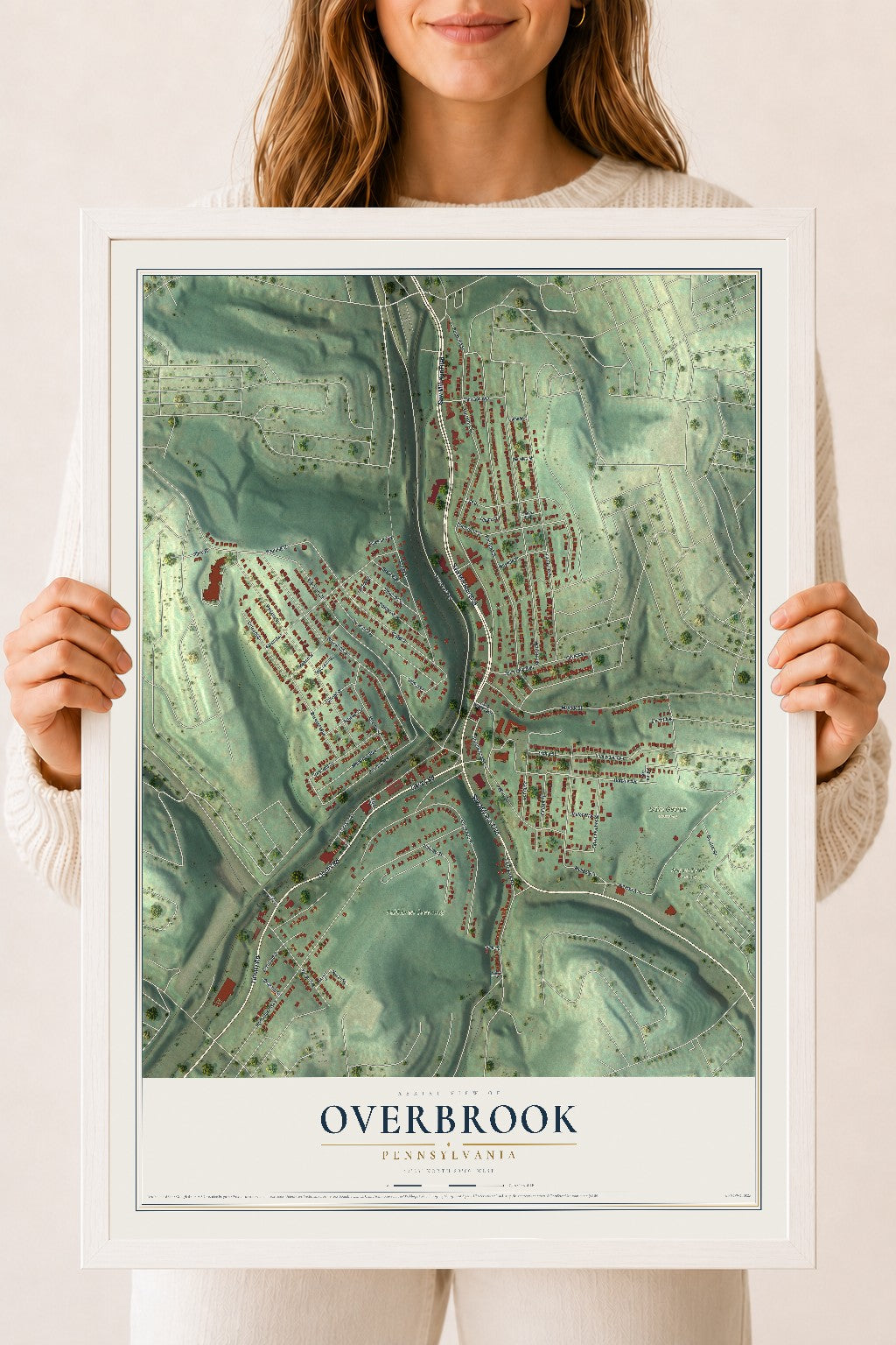 Map of Overbrook, Pennsylvania, 18 x 24 inch print in a white wood frame