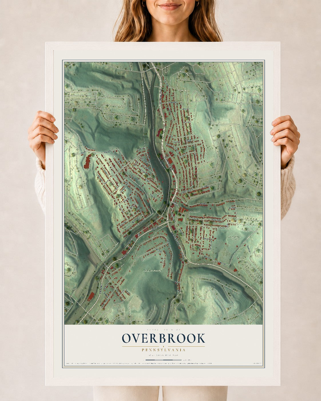Map of Overbrook, Pennsylvania, 24 x 36 inch print in a white wood frame