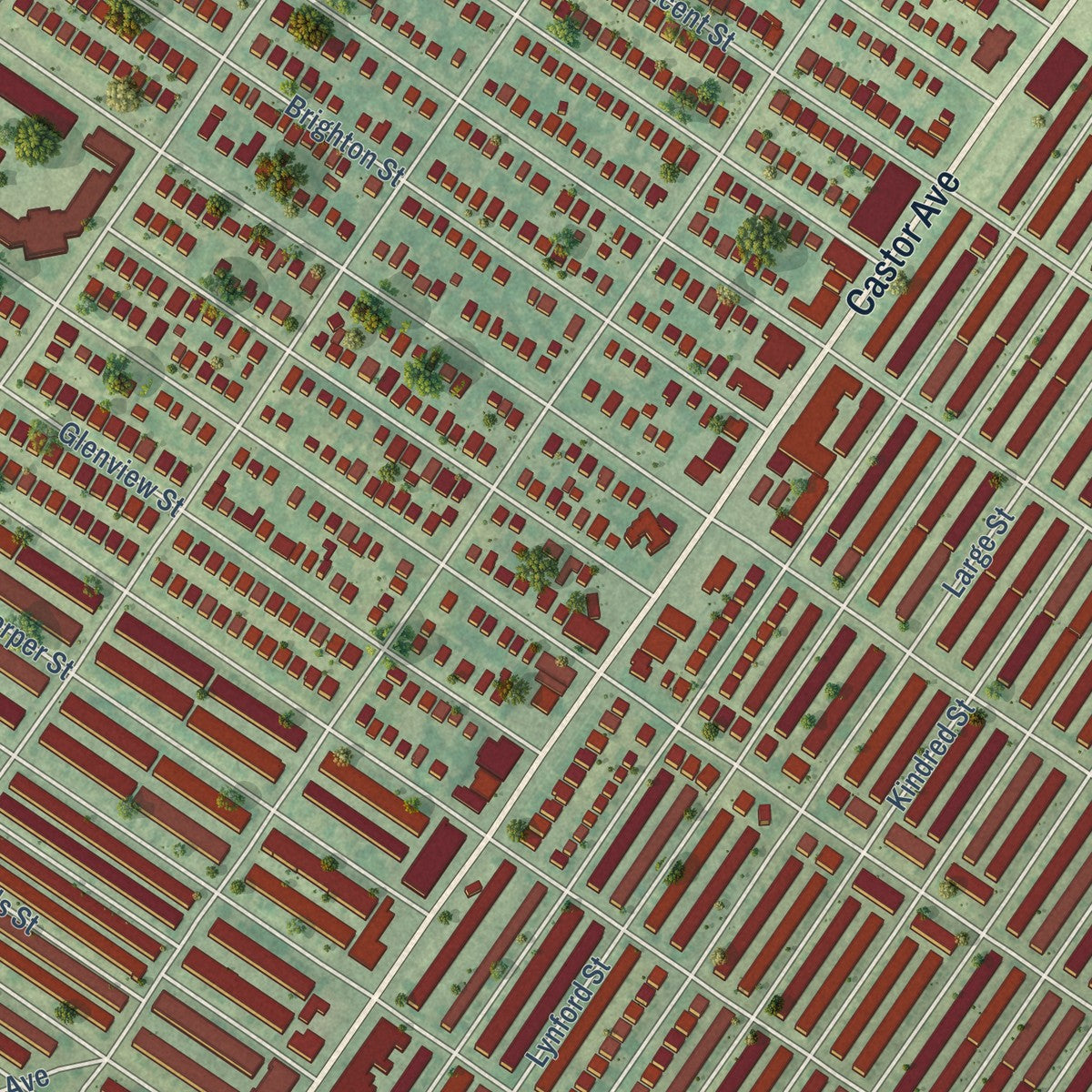 Close-up of the map of Oxford Circle, Pennsylvania print showing street and building detail