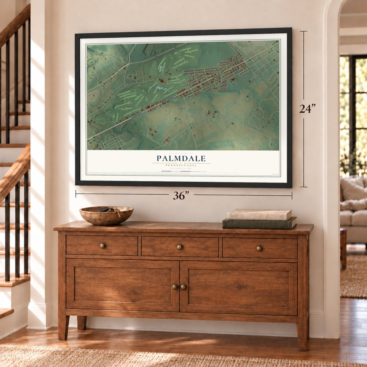 Palmdale, Pennsylvania map, 24 x 36 inch print in a black frame above a dresser by a staircase