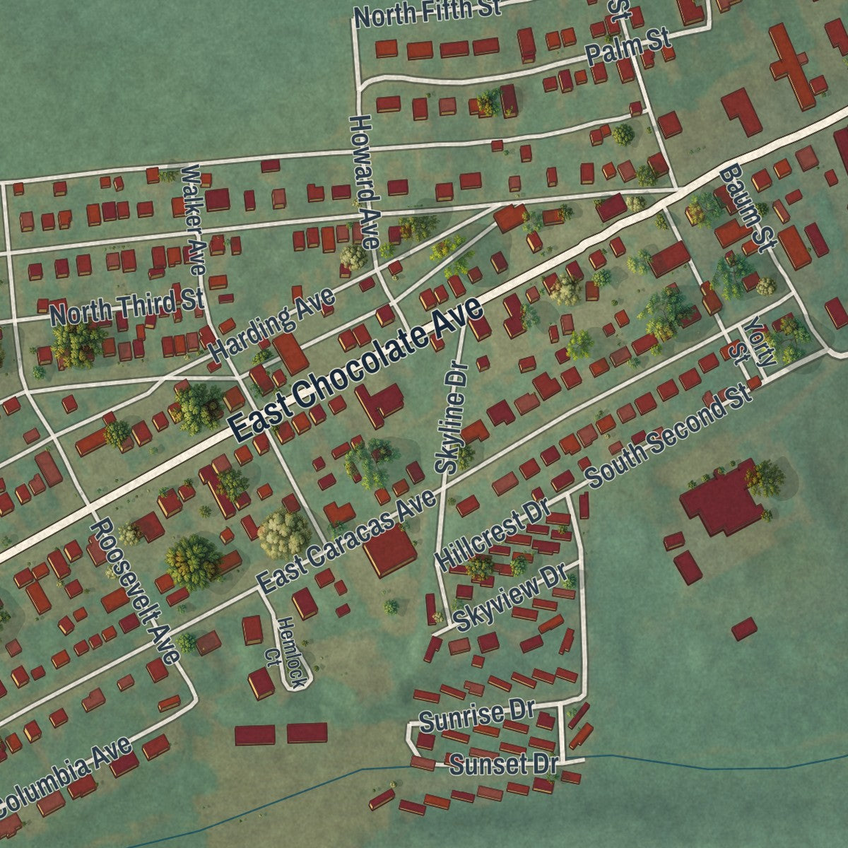 Close-up of the map of Palmdale, Pennsylvania print showing street and building detail