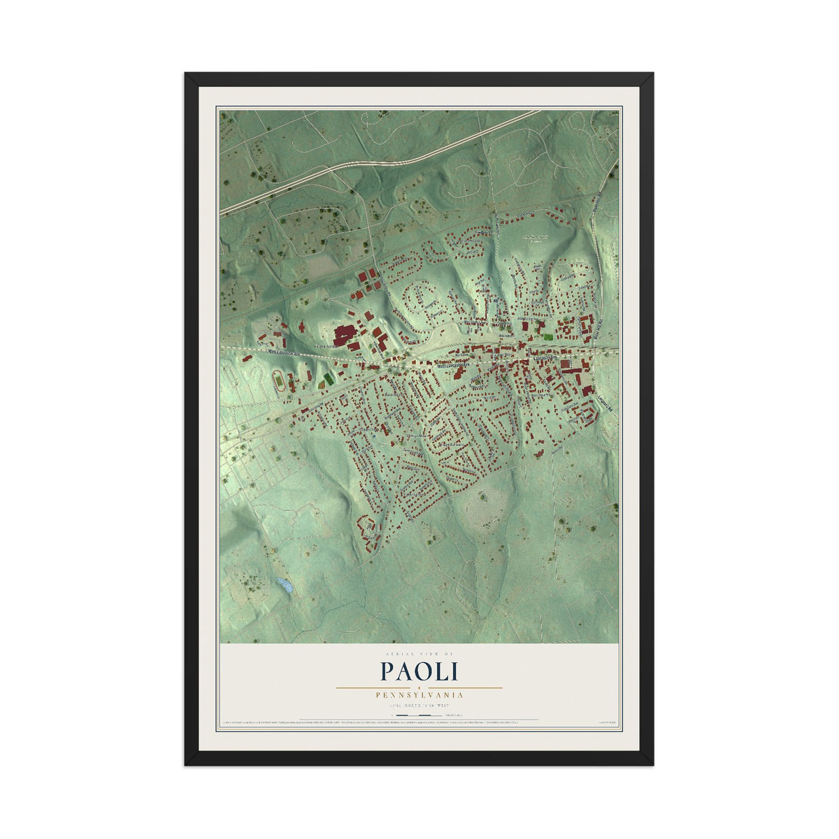 Map of Paoli, Pennsylvania, 12 x 18 inch print in a black wood frame