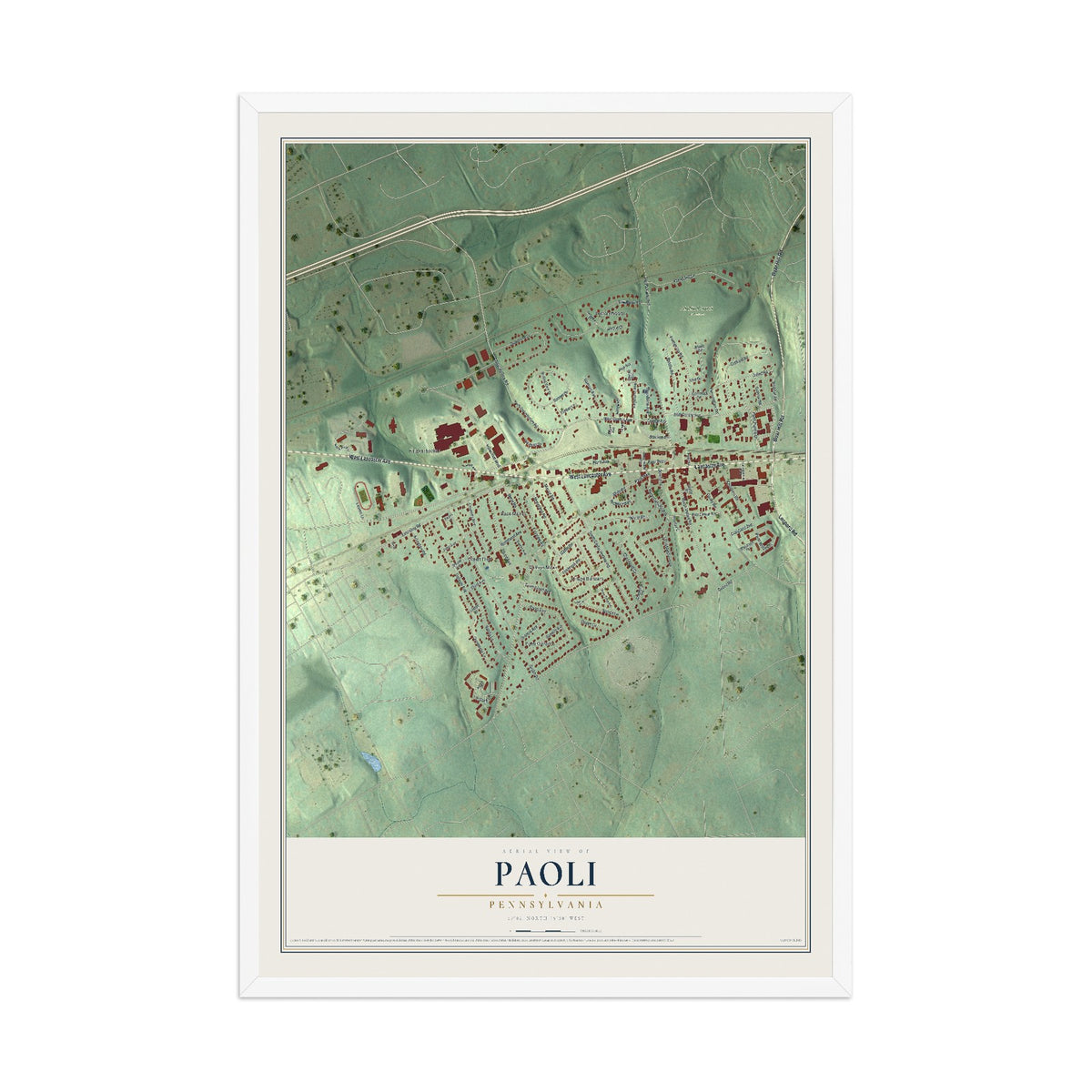 Map of Paoli, Pennsylvania, 12 x 18 inch print in a white wood frame