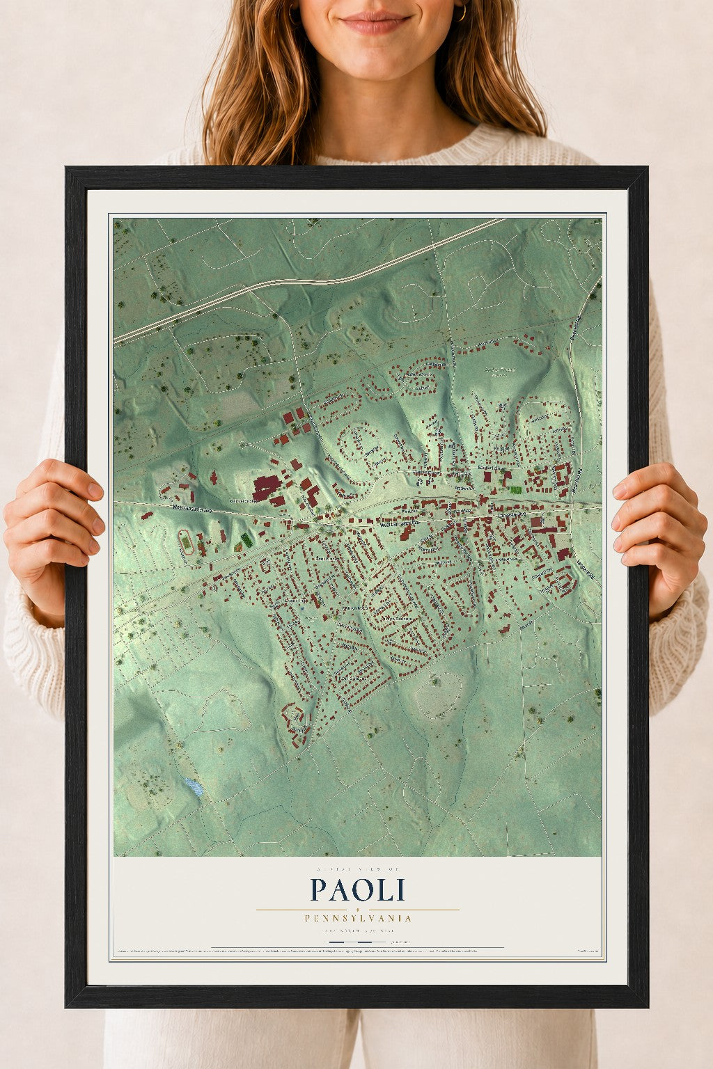 Map of Paoli, Pennsylvania, 18 x 24 inch print in a black wood frame