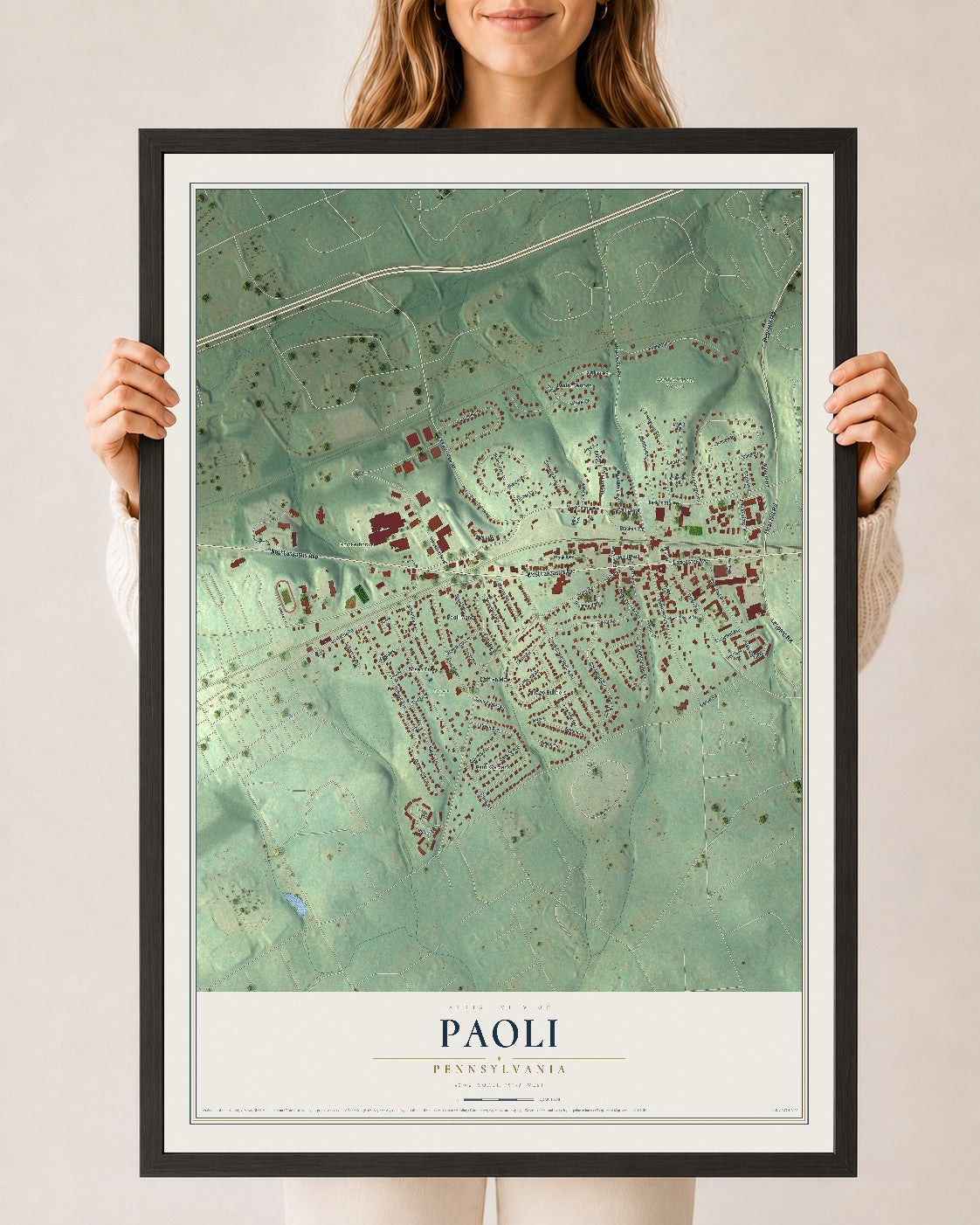 Map of Paoli, Pennsylvania, 24 x 36 inch print in a black wood frame