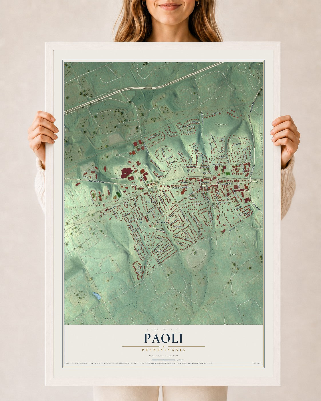 Map of Paoli, Pennsylvania, 24 x 36 inch print in a white wood frame