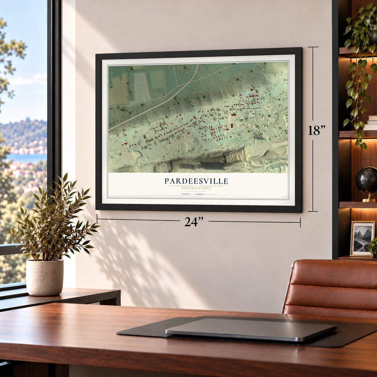 Pardeesville, Pennsylvania map, 18 x 24 inch print in a black frame in a home office