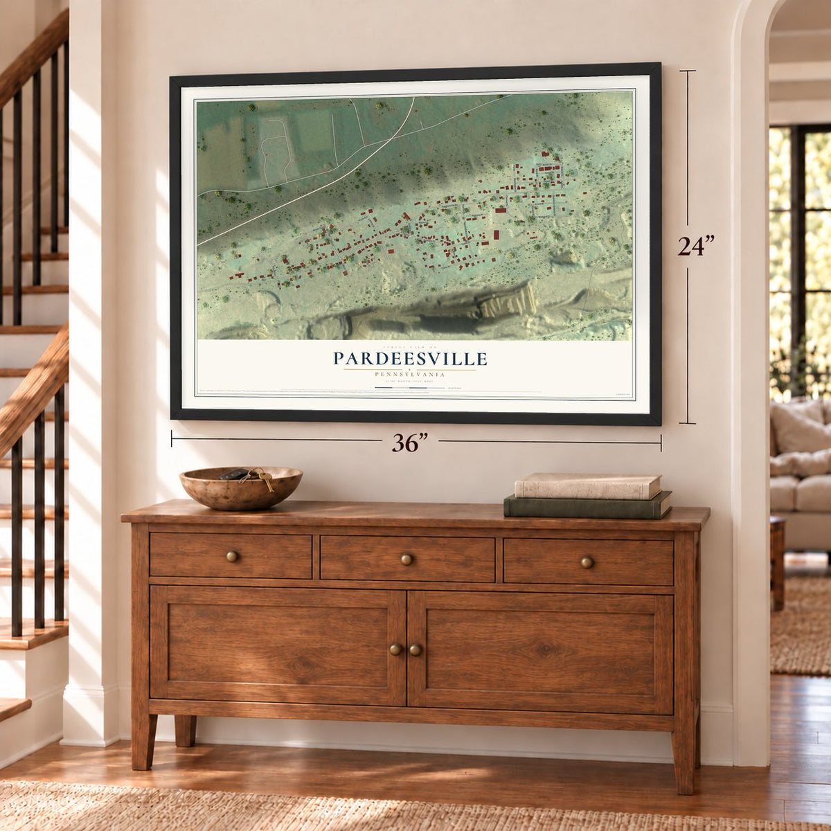 Pardeesville, Pennsylvania map, 24 x 36 inch print in a black frame above a dresser by a staircase