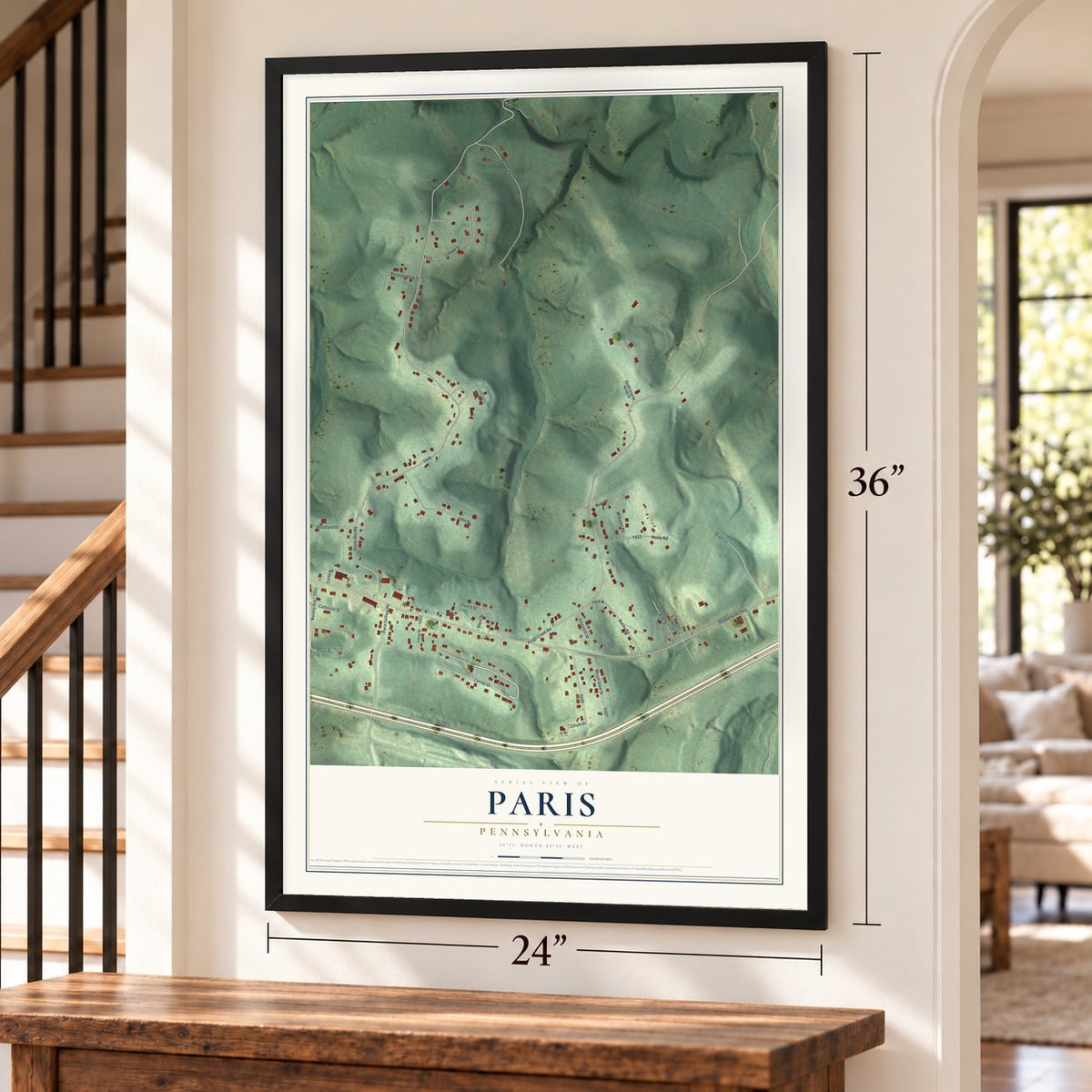 Paris, Pennsylvania map, 24 x 36 inch print in a black frame by a staircase