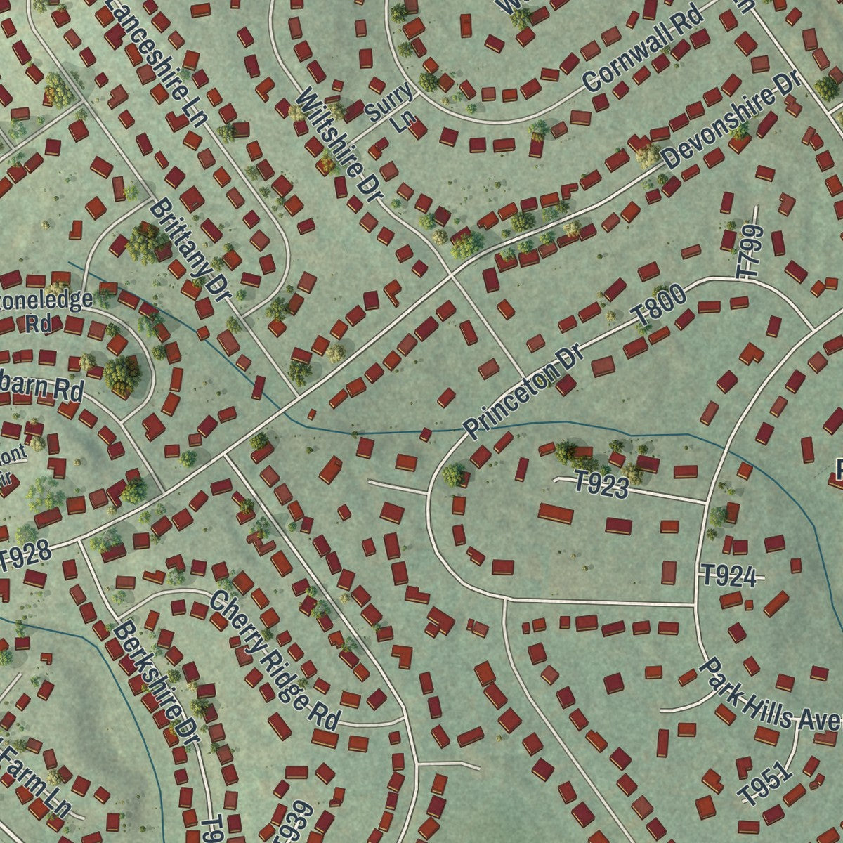 Close-up of the map of Park Forest Village, Pennsylvania print showing street and building detail