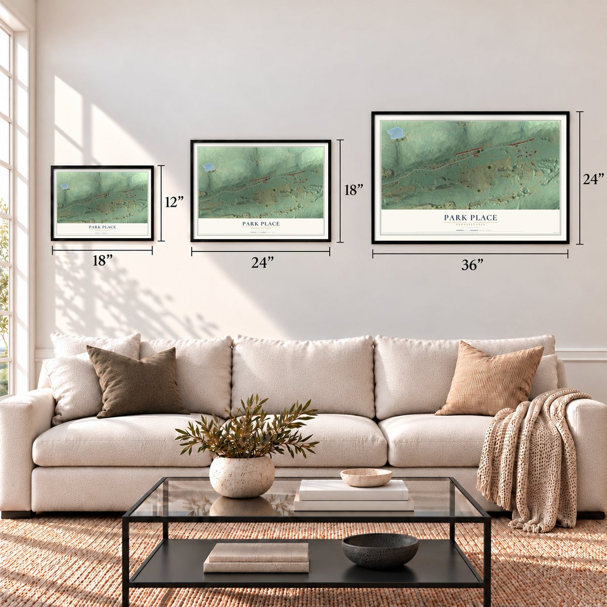 Park Place, Pennsylvania map in 12 x 18, 18 x 24 and 24 x 36 inch sizes above a sofa