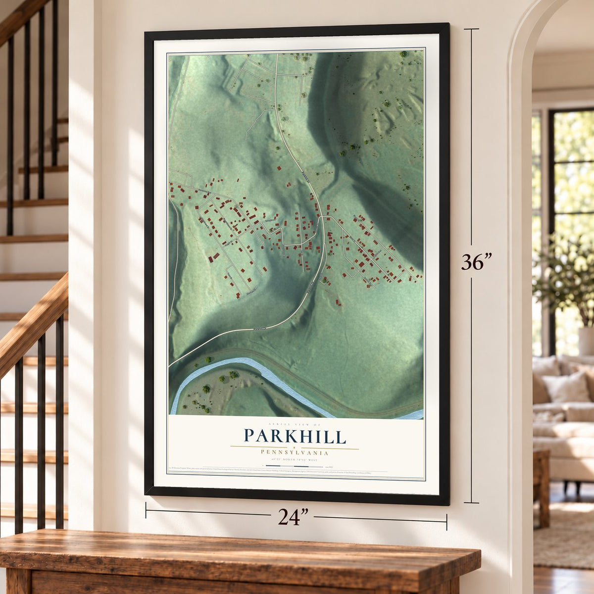 Parkhill, Pennsylvania map, 24 x 36 inch print in a black frame by a staircase
