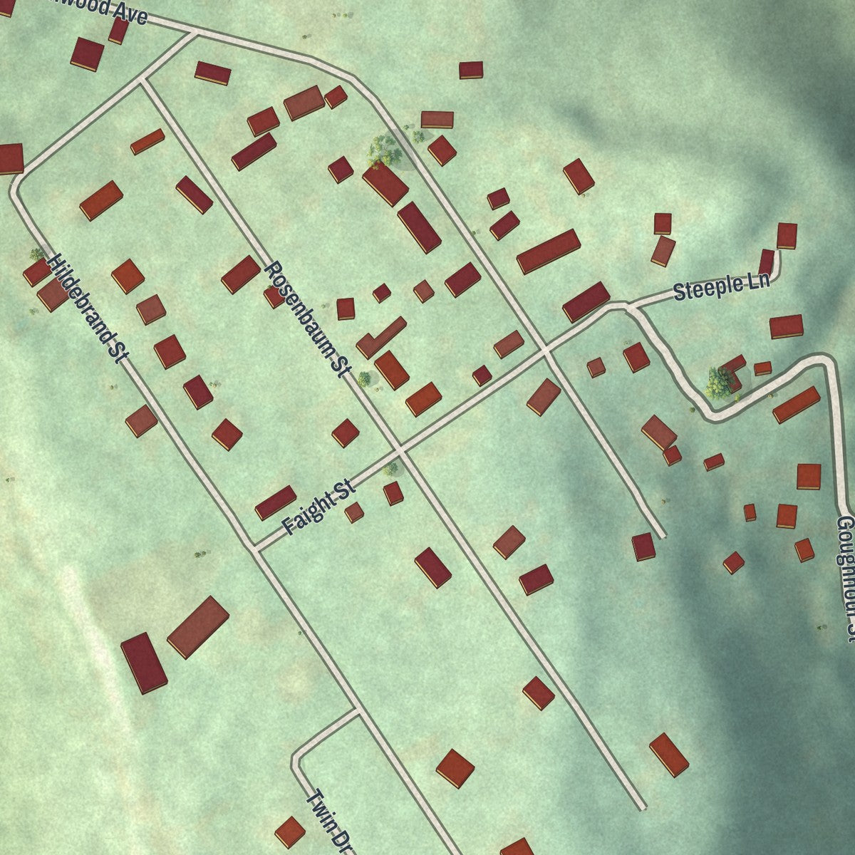Close-up of the map of Parkhill, Pennsylvania print showing street and building detail